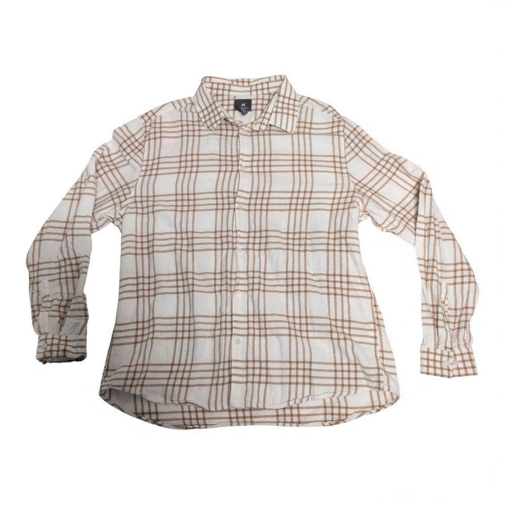 H&M Men's White & Tan Plaid Button-Down Shirt‎ XL